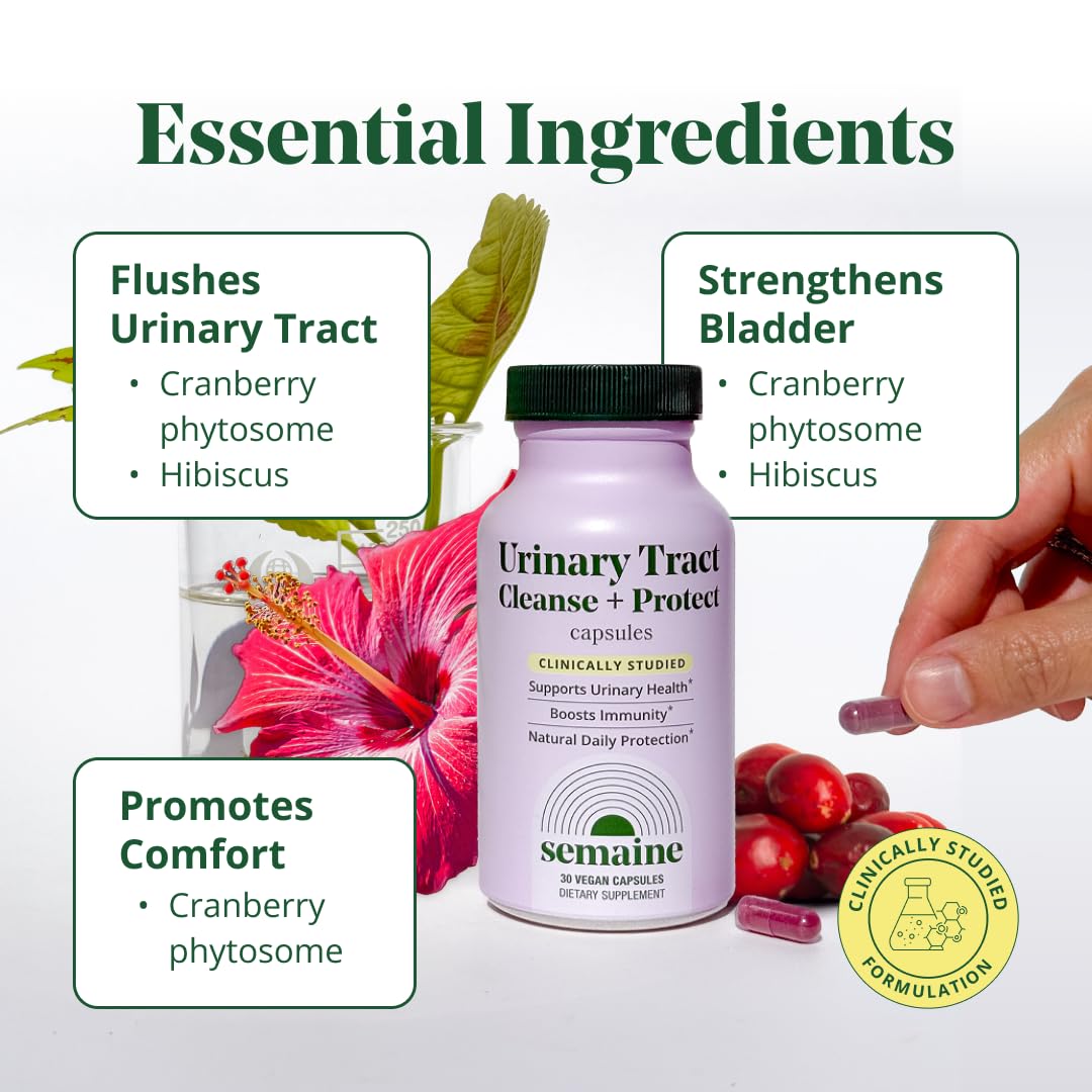 Semaine Urinary Tract Cleanse & Protect – 30 ct, Bladder Support Supplement for Women, Flushes Urinary Tract. Combines Cranberry Proanthocyanidins with Hibiscus.