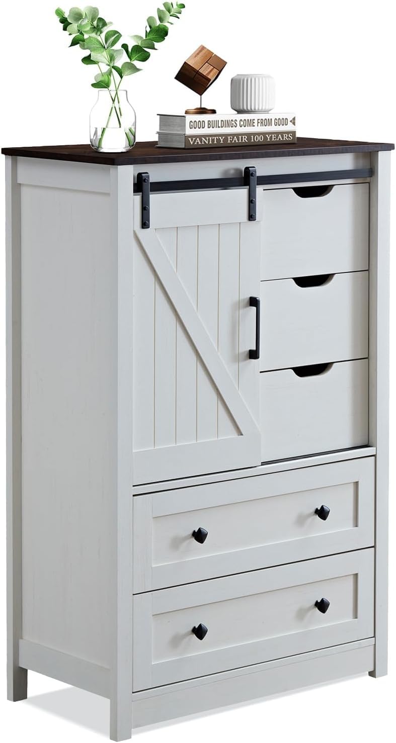 BLANKSPACE Antique White Dresser for Bedroom with 5 Drawers, 5 Chest of Drawers with Sliding Barn Door, Farmhouse Dresser for Living Room, Dining Room, Hallway