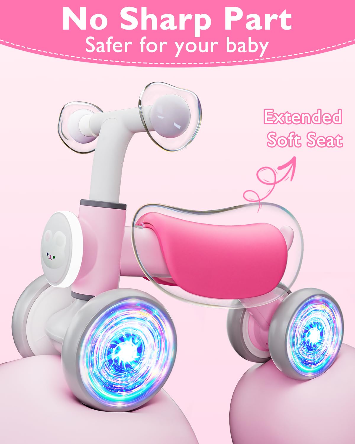 Colorful Lighting Baby Balance Bike for 1 Year Old Girls, Toddler Toys for 1 Year Old Girls Gifts, First Bike with Music and Soft Seat, 12-24 Month Toddler Balance Bike, First Birthday Gifts