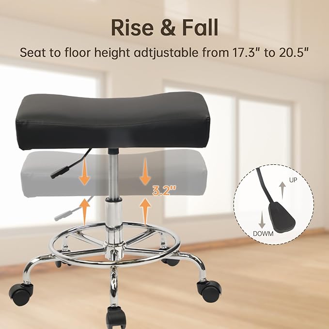 Heavy Duty Extra Wide Rolling Stool PU Leather Thickened Seat Cushion with Foot Rest Adjustable Height Swivel with Wheels for Spa Salon Tattoo Work Massage Barstool, Black, 1 Pack