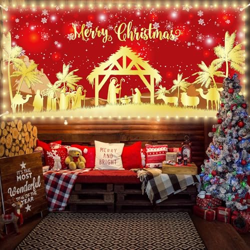 Christmas Garage Door Banner Decorations Red Jesus Christmas Garage Door Cover with LED Lights Large Holy Nativity Religio...