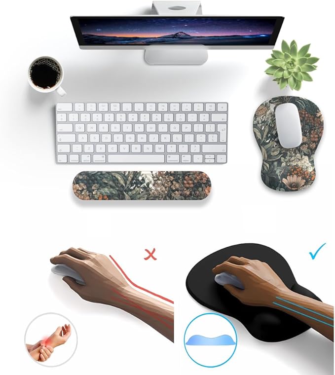 Boho Aesthetic Mouse Pad with Wrist Rest Keyboardpad Vintage Wildflowers Wrist Rest for Computer Keyboard Wrist Rest, Non-Slip Base Home/Office for Computer Keyboard, Made Easy Typing & Relieve
