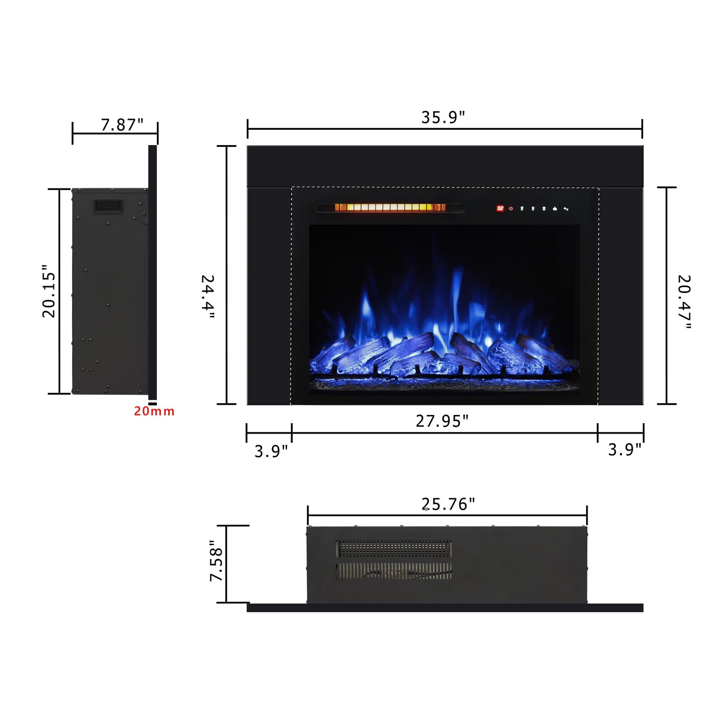 Oxhark Flame 28 Inches Electric Fireplace Insert with Trim Kit, Wall Mounted & Recessed Electric Fireplace Inserts with 8 Flame Colors, Remote Control, 6 Levels Brightness, 9H Timer, Black, 1500W/750W