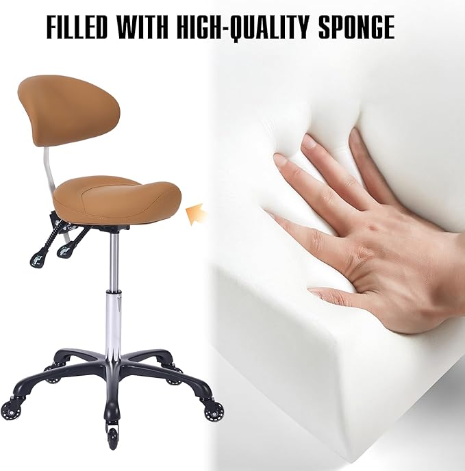 Ergonomic Rolling Saddle Stool with Back Support Professional Height Adjustable Swivel Chair for Drafting Salon Hair Massage Spa, in Camel