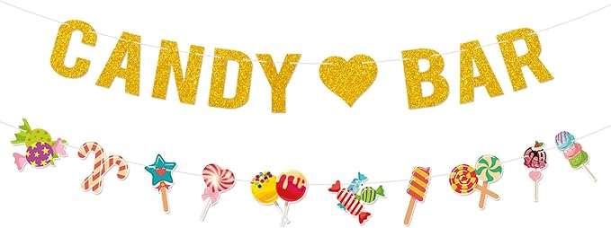 Candyland Party Decorations,2Pcs Pre-Strung Glitter Gold Candy Bar Banner,Lollipop Garland Banner for Sweet Candy Themed B...