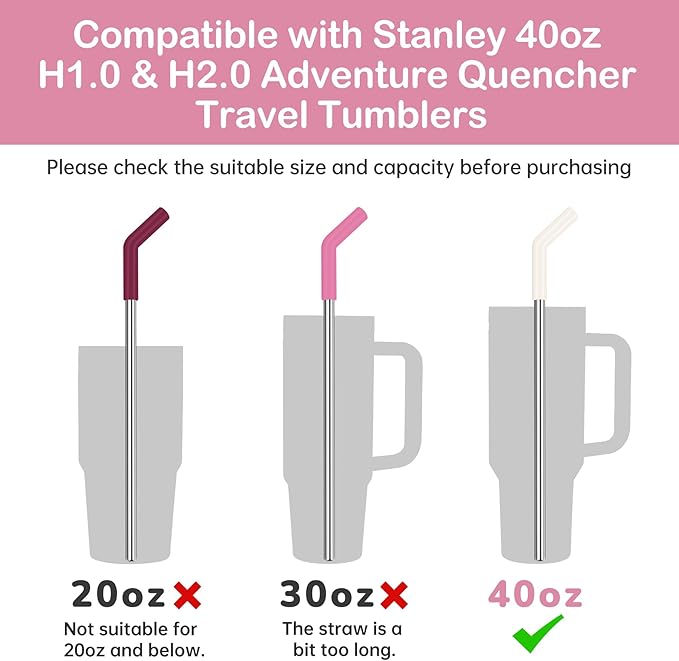Tomorotec 6PCS Stainless Steel Straws with Silicone Tips for Stanley Tumbler 40oz, 13-Inch Reusable Straw Set with Colorful Extenders & 2 Brushes, Compatible with Wide Mouth Cups (Pink Series)