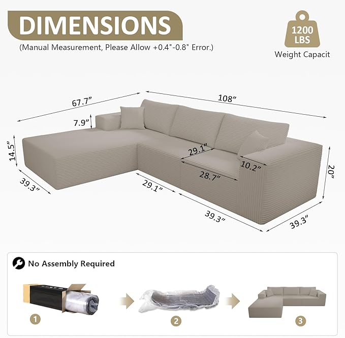 108" Cloud Sectional Couch with L-Shape Chaise,3 Seat Modern Modular Sofa (Grey)