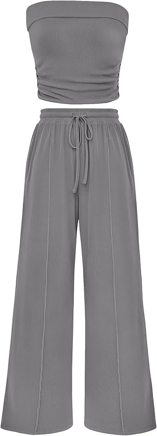 PRETTYGARDEN Womens Summer Outfits 2 Piece Sets Casual Ribbed Knit Crop Tube Top Wide Leg Pants Spring Matching Lounge Set