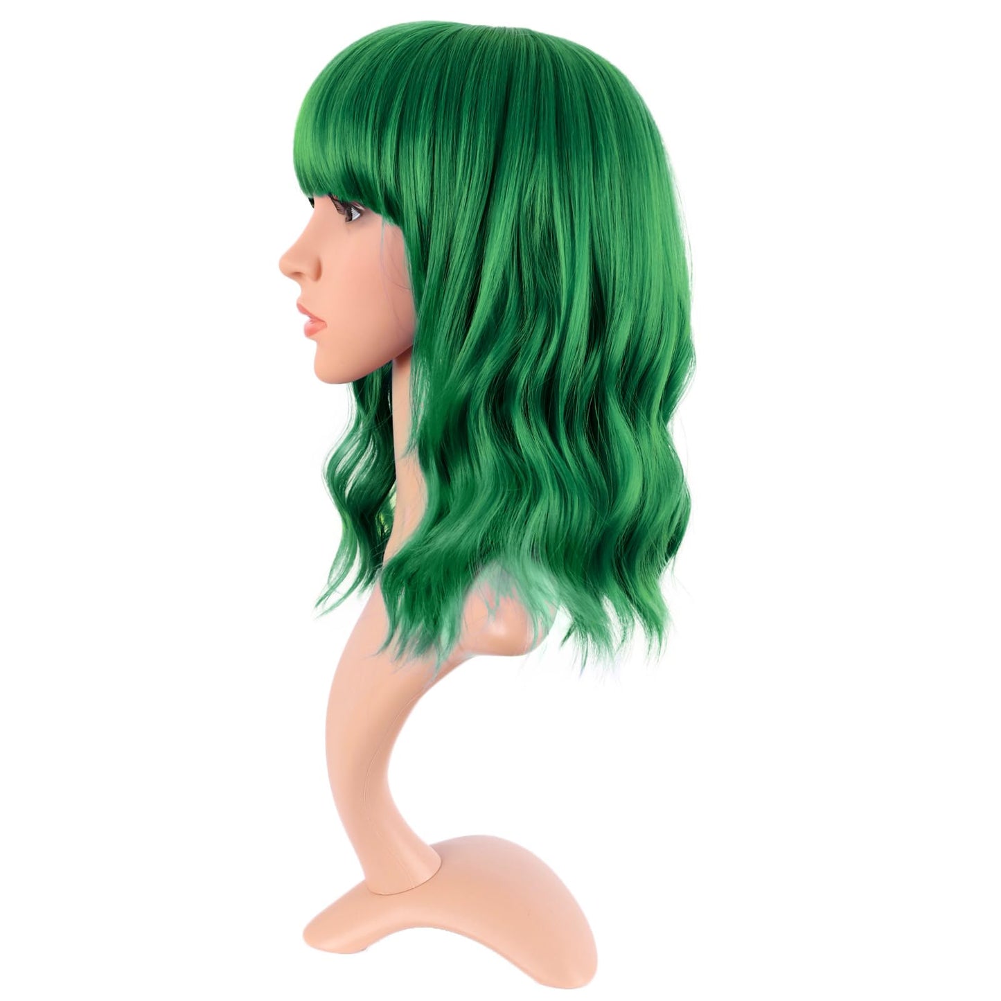 MapofBeauty 14 Inch/35 cm Short Wavy Curly Women Fresh Bright Synthetic Ordinary Flat Bangs Bob Wig (Grass Green)