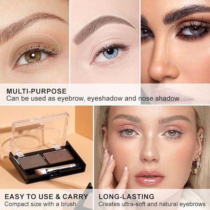 Eye Brow Powder for Women, Medium Brown Eyebrow Powder Kit with Double-ended Eyebrow Brush, Long-Lasting Waterproof Two Colors, Purse-Friendly Compact, Cruelty Free (Medium Brown+Grey)