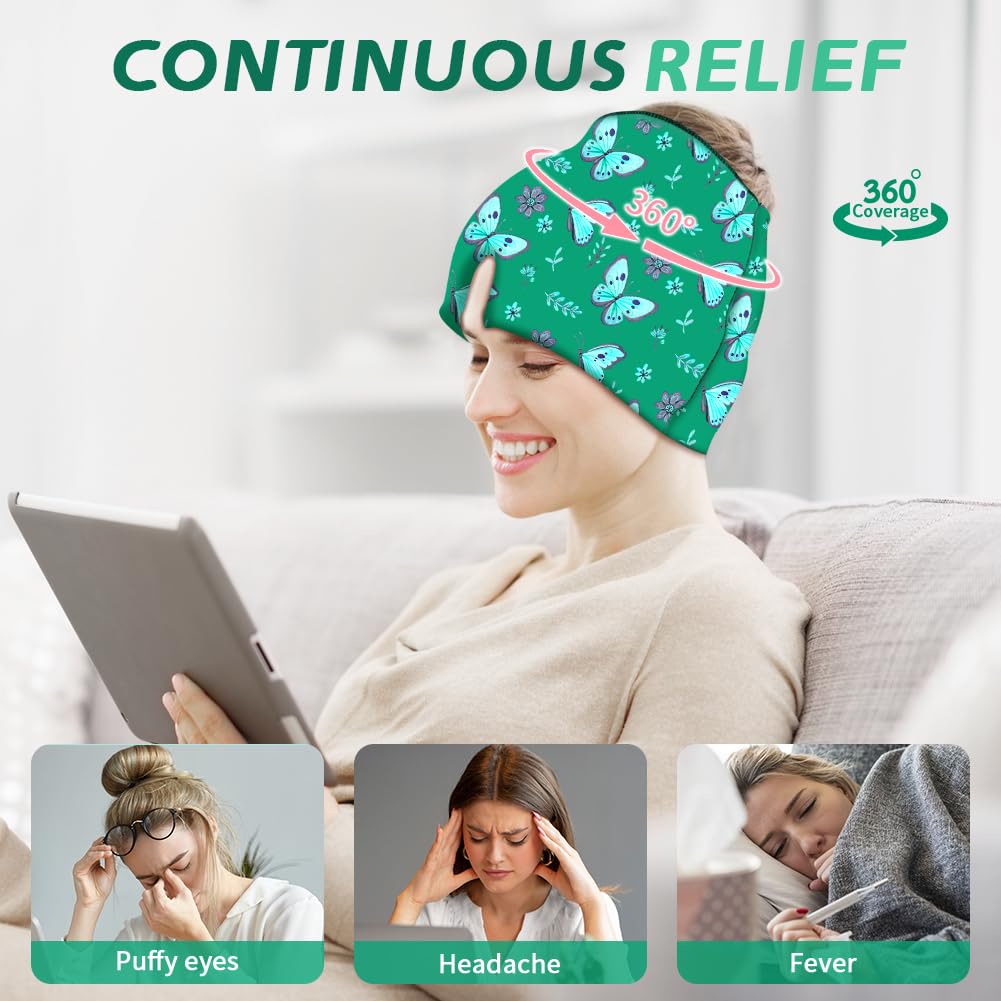 Migraine Relief Cap, Soothing Headache Ice Face Mask Products, Hot and Cold Therapy, Migraine Headache Relief Cap for Migraine, Sinus, Puffy Eyes, Tension, Stress and Hangover (Pink+Green)