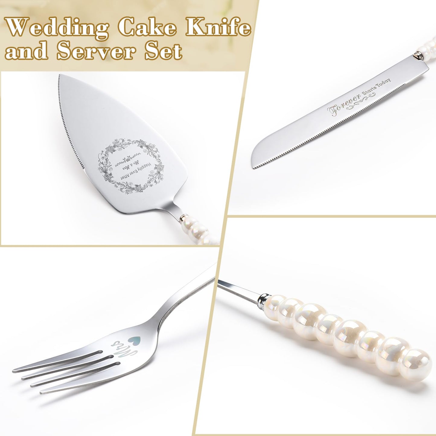 BEKESIN Wedding Cake Knife and Server Set,Ceramic Pearl Handle Cake Cutting Set for Weddings, Engagements, Anniversaries, and Engagement Gifts for Couples