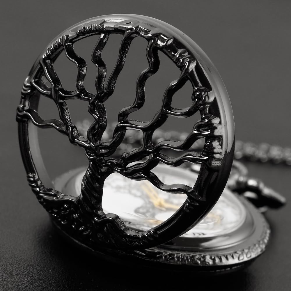 Tiong Pocket Watch Hollow Tree Design Roman Numerals Quartz with Chain Birthday Gifts(Black)