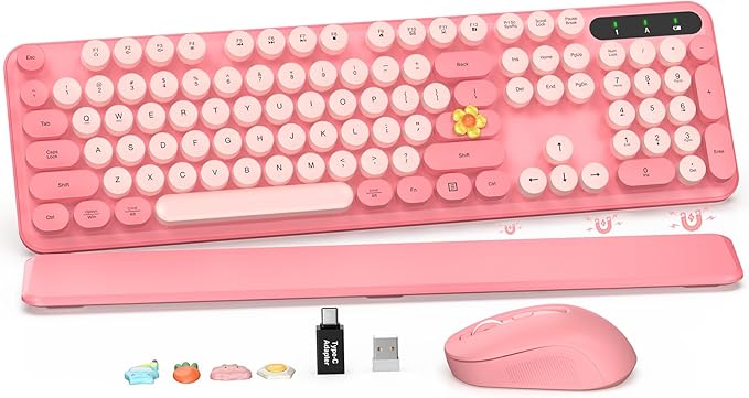 Wireless Keyboard and Mouse Combo, Retro Keyboard with Round Keycaps, Full-Size Typewriter Style Keyboard with Detachable Wrist Rest, 2.4GHz Only Cordless Connection for Windows/PC/Laptop (Baby Pink)