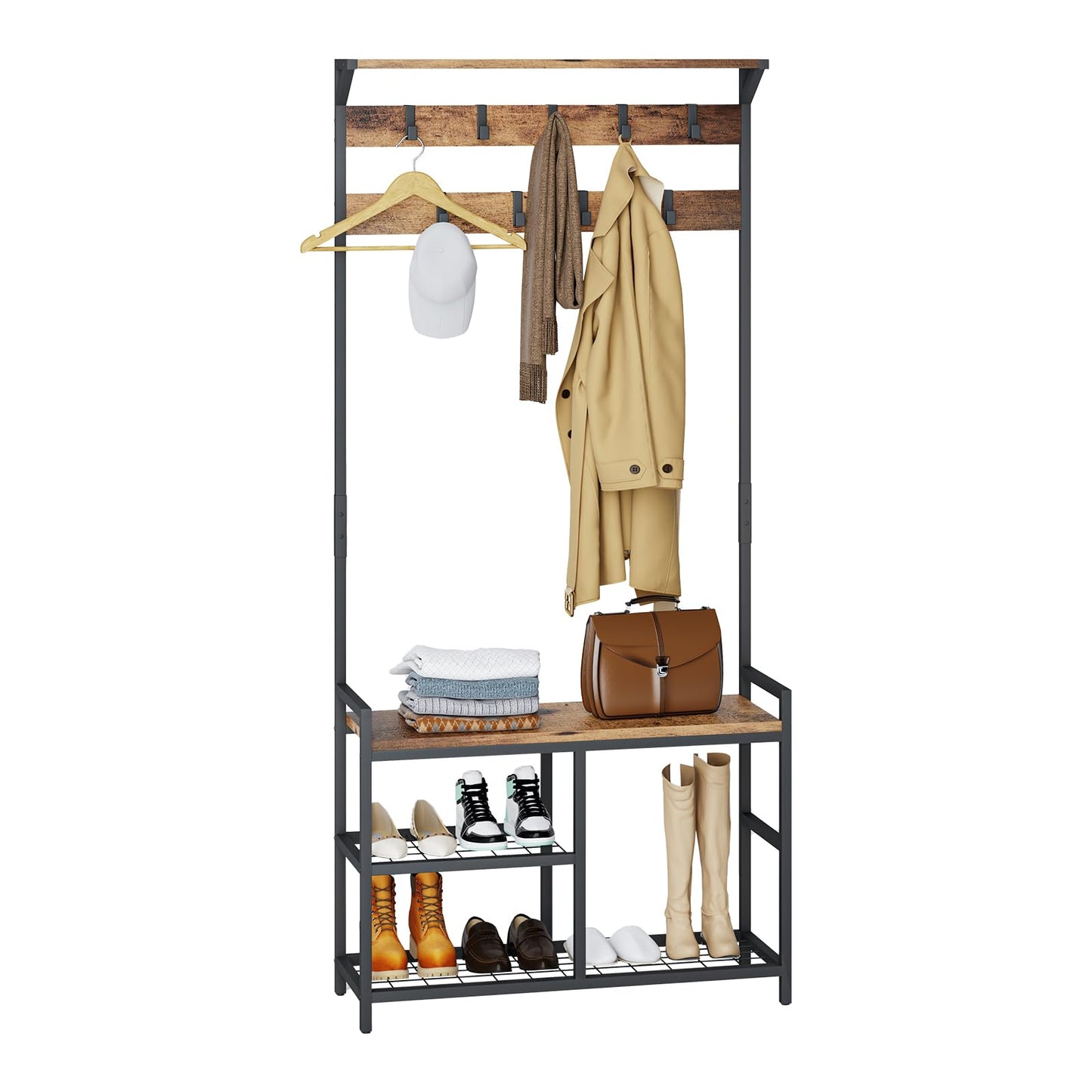 HOMEKOKO Coat Rack Shoe Bench, Hall Tree Entryway Storage Bench, Wood Look Accent Furniture with Metal Frame, 3-in-1 Design (Rustic Brown)