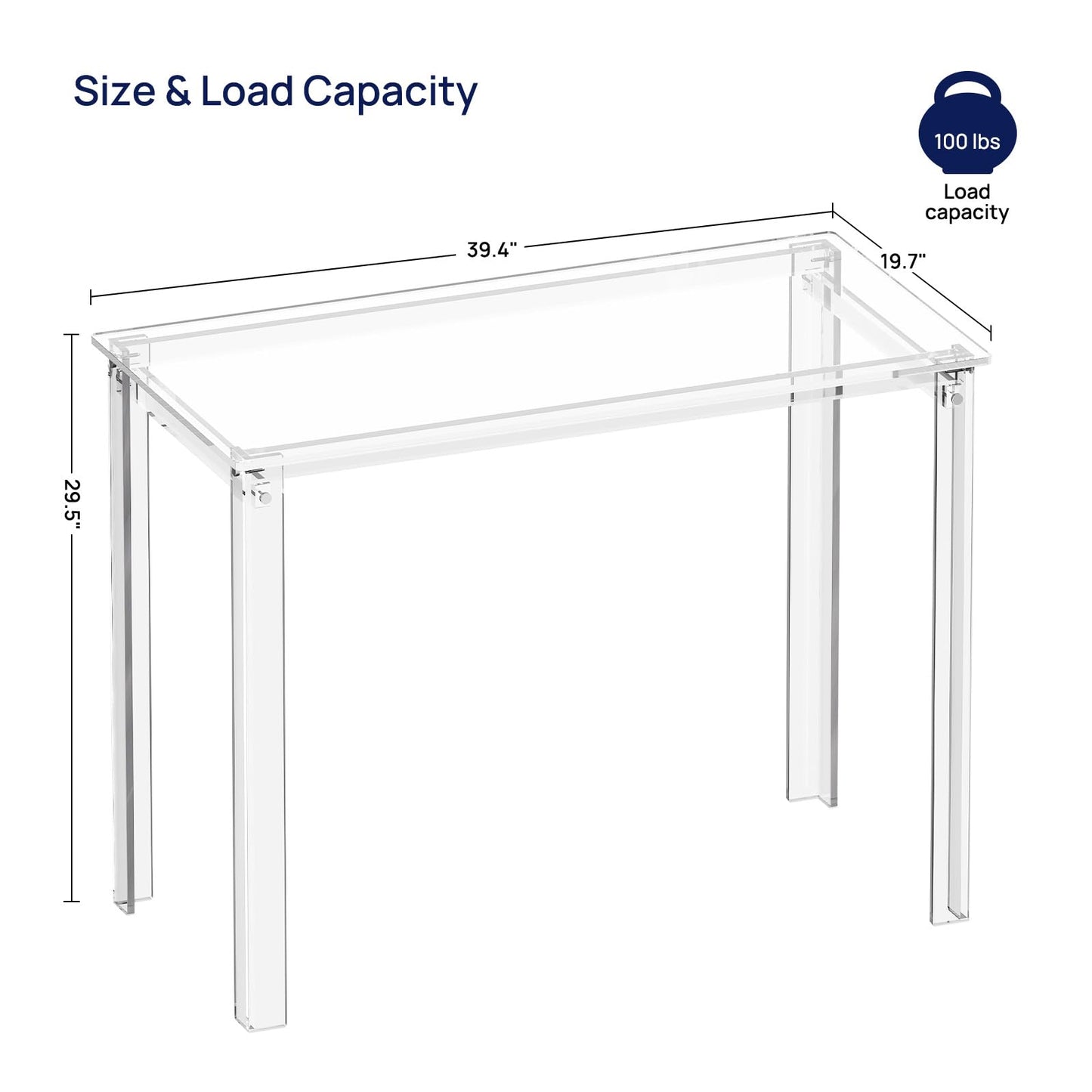 HMYHUM Acrylic Desk, 39.4" L x 19.7" W x 29.5" H, Clear Desk for Home Office for Laptop, Study, Writing, Vanity Table with Rectangular Legs, Modern, Easy Assembly