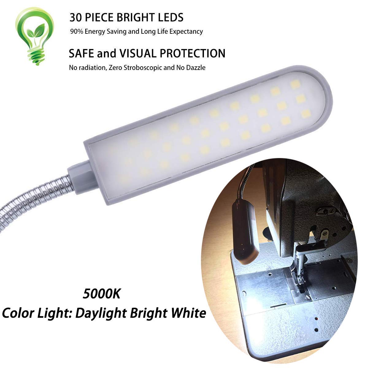 EVISWIY Sewing Machine Light LED Lighting (30LEDs) 6 Watt Multifunctional Flexible Gooseneck Arm Work Lamp with Magnetic Mounting Base for Workbench Lathe Drill Press 2 Pack Silver