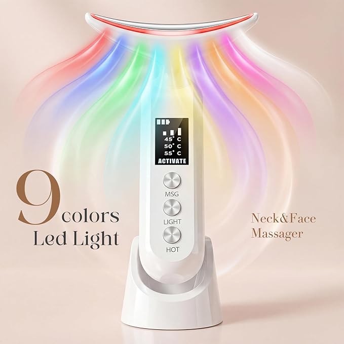 Face Massager with Led Light: 9-Color Facial Device - Neck Wrinkles Tightening Wand - Vibration Tool for Skin Care, White