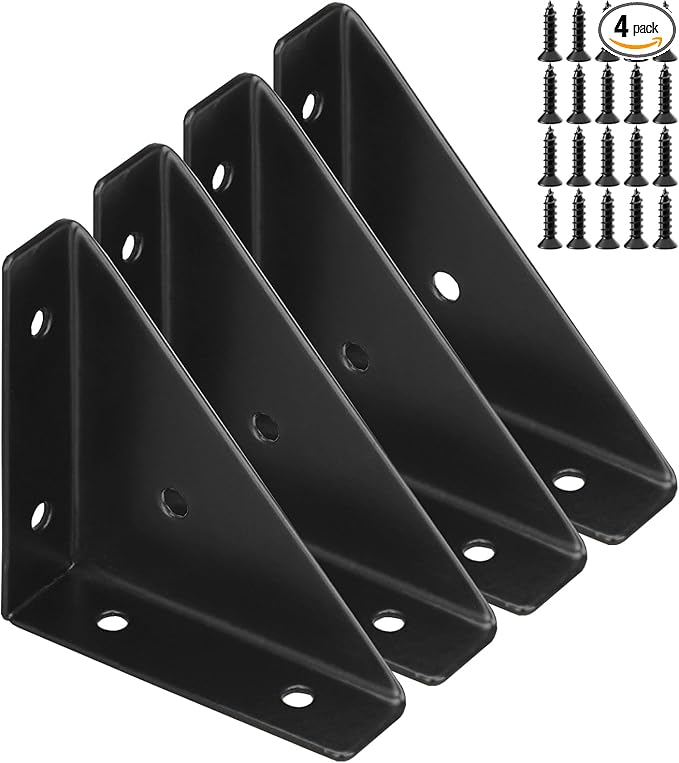 Armiika 4 Pcs Trapeziform Angle Brackets, Shelf Brackets Heavy Duty Triangular Bracket Fastener, Cold Rolled Steel Braces Joining Support for Desk Bed Edge (Black), SJ2-WDQ-4P