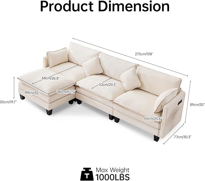 Opiesit 108" Modular Sectional Couches for Living Room with Ottoman, L Shaped Cloud Couch with Charger, USB & Type-c Port, Comfy 4 Seats Sofas with Deep Seat, Chenille Fabric, Beige