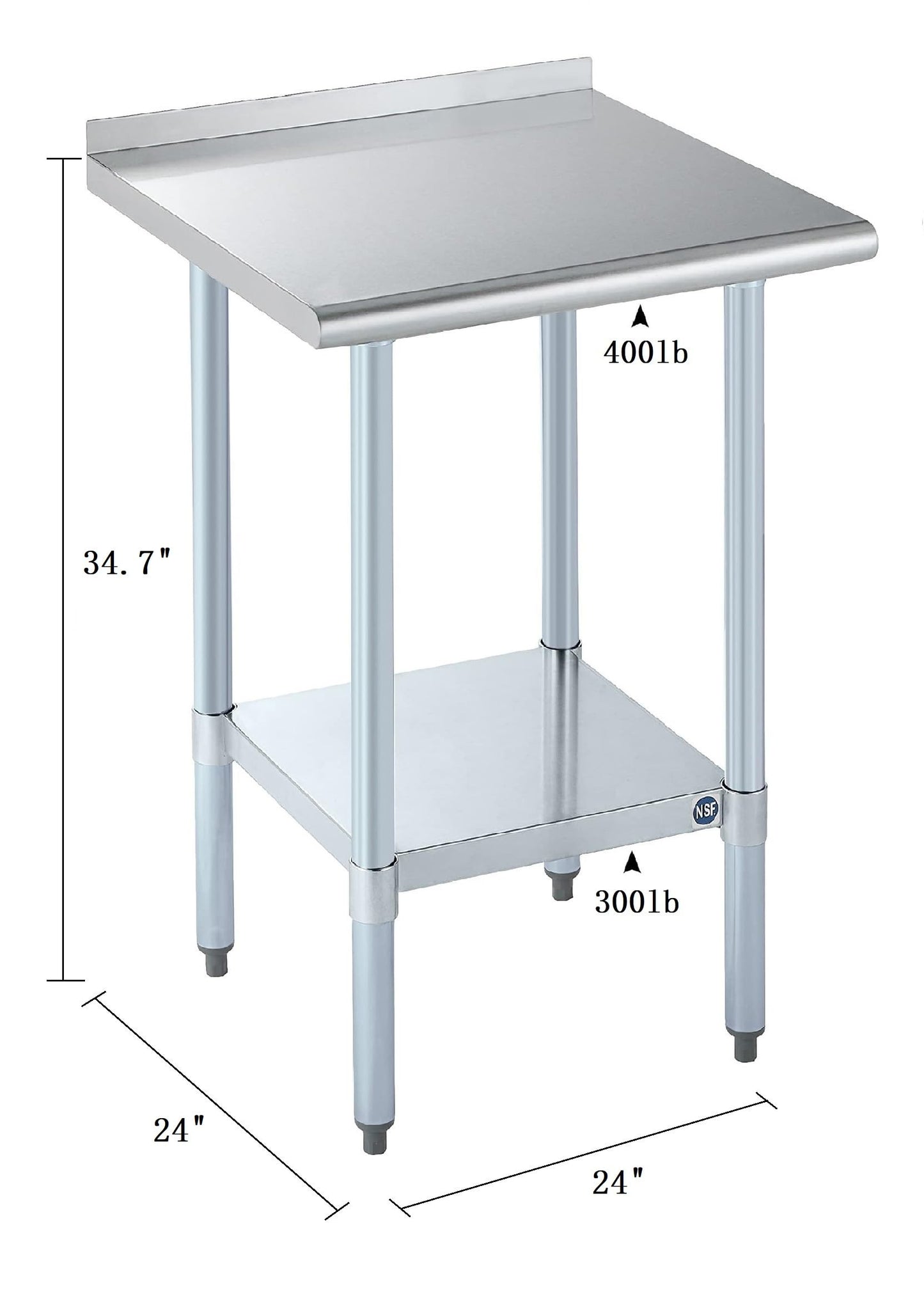 ROCKPOINT Stainless Steel Table for Prep & Work with Backsplash 24x24 Inches, NSF Metal Commercial Kitchen Heavy Duty Table with Adjustable Under Shelf and Table Foot for Restaurant, Home and Hotel