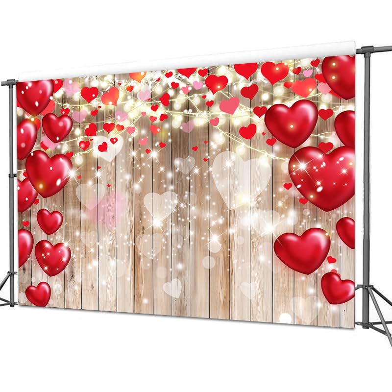 Dudaacvt 7x5ft Valentine's Day Backdrop Rustic Wood Red Love Heart Background for Mother's Day Wedding Bridal Shower Party...