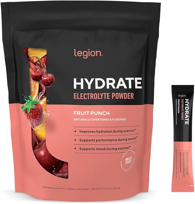 LEGION Hydrate Electrolyte Powder Packets with Sodium, Potassium & Magnesium – Sugar-Free Hydration Mix for Energy & Recov...