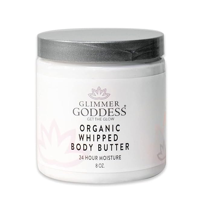 Glimmer Goddess Organic Whipped Body Butter for Women - Moisturizer Cream with Shea & Cocoa Butter, Almonds & Coconut Oil - Candy Cane, 8oz