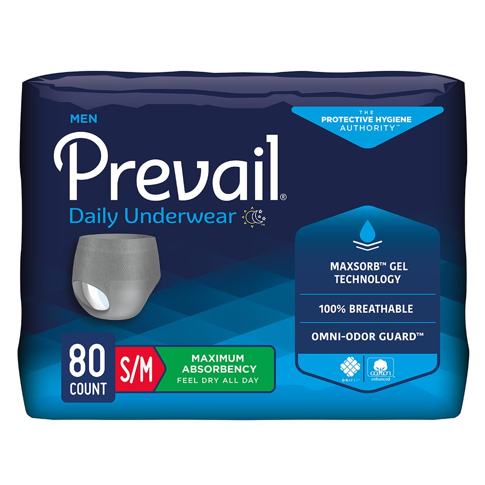 Prevail - Men's Protective Underwear - Pull-up Incontinence Underwear - Disposable Adult Diaper - Maximum Absorbency - Small / Medium - 80 Count (4 packs of 20)