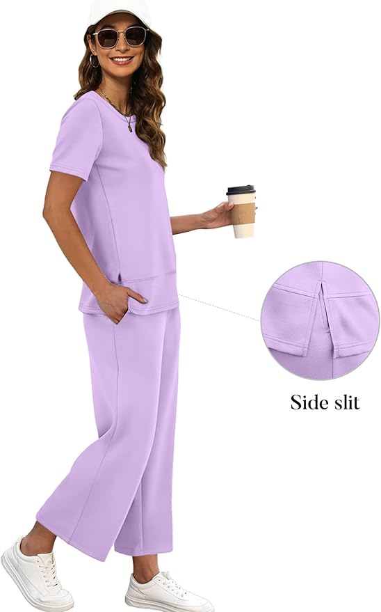 XIEERDUO Women's Side Slit Lounge Sets 2026 Fashion 2 Piece Travel Outfits Cozy Loungewear Wide Leg Tracksuits S-3XL