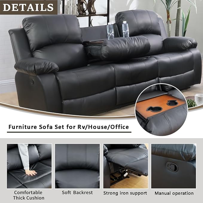 A Ainehome Living Room Furniture Set Leather Recliner Sofa Set Loveseat Chair Furniture Sofa Set for Living Room/Small Space/Rv/House/Office/Theater Seating (A-Black Leather, Sofa(3seater))