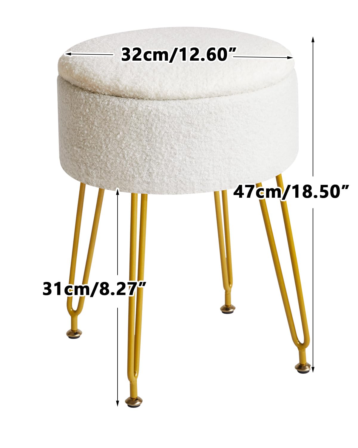 IBUYKE Teddy Velvet Storage Footrest Stool Ottoman, Makeup Vanity Stool Side Table with Removable Cover, Golden Steel Legs, Coffee Table Top Cover, White WBD010W