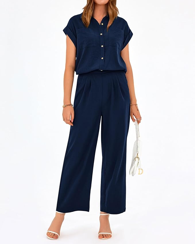 PRETTYGARDEN Womens 2 Piece sets Summer Cap Sleeve Tops Palazzo Pants Dressy Casual Vacation Travel Outfits Tracksuits