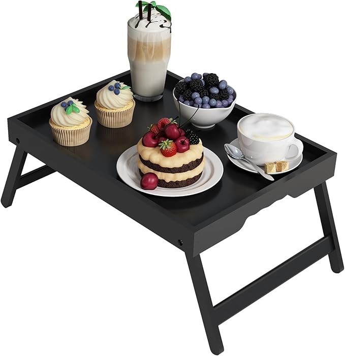 Youpehom Bed Tray Table with Folding Legs,Bamboo Breakfast in Bed for Kitchen Serving Tray,Sofa,Used As Laptop Desk Snack Breakfast Tray (Black, Large)