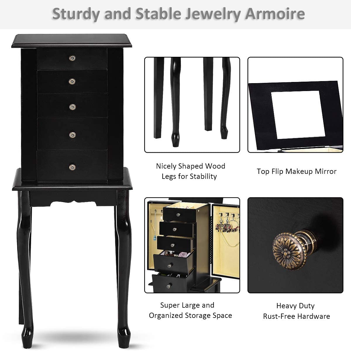 LDAILY LUARANE Jewelry Cabinet Armoire, Jewelry Storage Chest Organizer with 4 Drawers 8 Necklace Hooks Flip Top Mirror, Free Standing Jewelry Box Stand with 2 Side Swing Doors (Black)