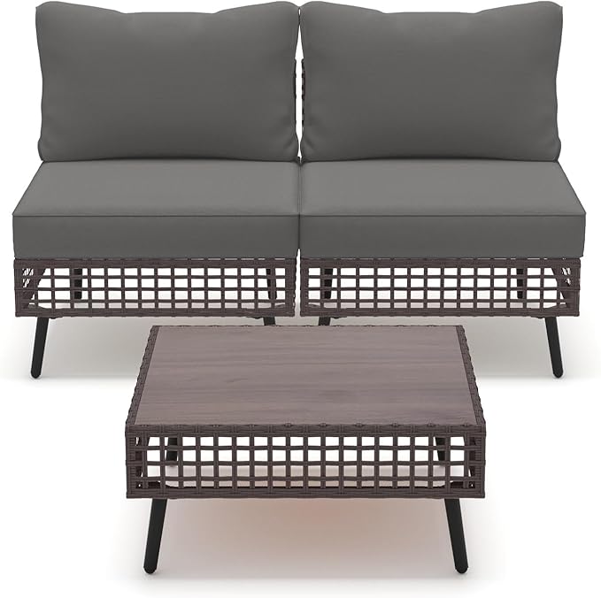 LAUSAINT HOME 3 Pieces Outdoor Sectional Sofa Set, All-Weather PE Wicker Rattan Patio Conversation Set with Thick Cushions & Coffee Table, Patio Furniture Set for Garden, Backyard, Porch (Grey)