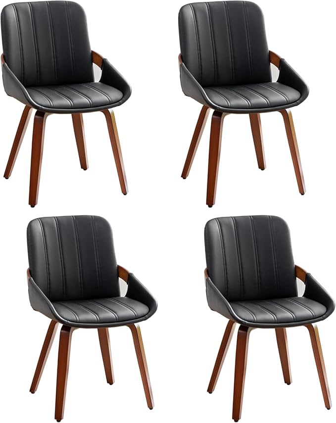 YOUUGIOR Mid Century Modern Faux Leather Upholstered Dining Chairs,Armless Accent Chairs with Sturdy Natural Wood Legs,Bamboo Backrest Support for Kitchen&Dining Room Chairs(Set of 4,Black PU)