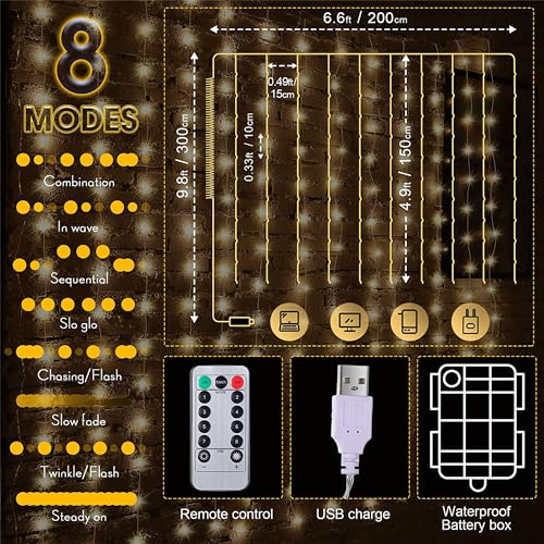 Meonum Curtain Tapestry Backdrop String Lights, Each 13 Strings 6.6 x 5 ft Tapestry Fairy String Light, 8 Modes Window Wal...