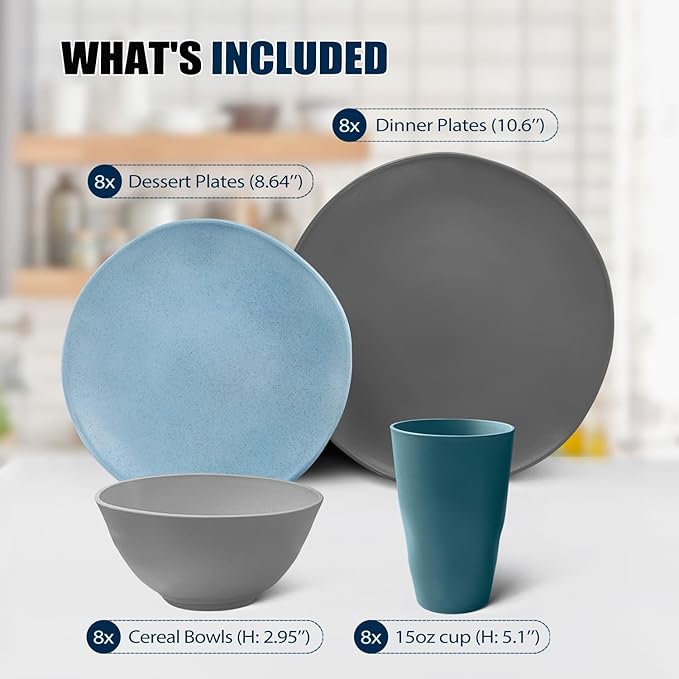 Teivio 32-Piece Kitchen Plastic Wheat Straw Dinnerware Sets, Service for 8, Dinner Plates, Dessert Plate, Cereal Bowls,Cups, Unbreakable Plastic Colorful Outdoor Camping Dishes, Irregular Oecan