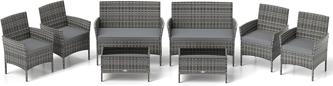 RELAX4LIFE 8-Piece Patio Furniture Set - Rattan Outdoor Conversation Bistro Set w/Cushions, Glass Coffee Table, Wicker Chairs & Loveseat for Garden Backyard Porch, Balcony Furniture Set (2, Mix Grey)