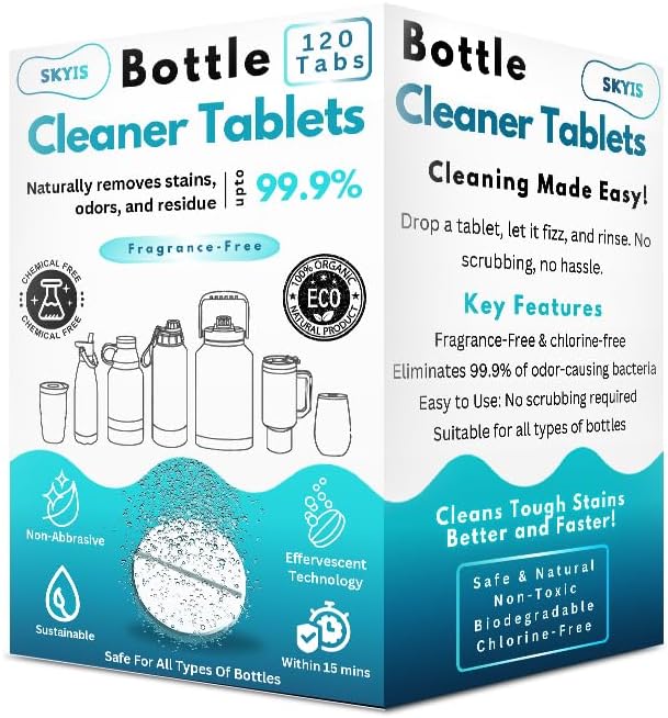 120 Count, Odor & Stain Remover for Stainless Steel, Tumblers, Thermos & Glass Bottles – Effervescent Deep Cleaning Tabs, No Scrub Needed, Water Bottle Cleaner Tablets, Chlorine-Free