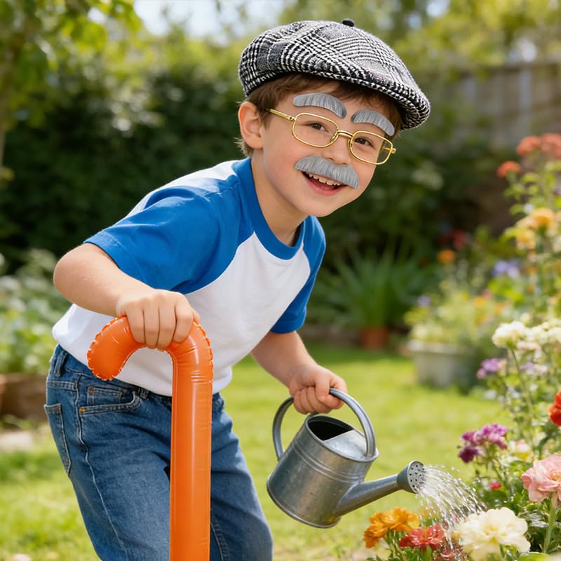 5 Pcs Old Man Costume Set Including Glasses Inflatable Cane Moustache Beret Hat Eyebrows,100 Days of School Costumes Acces...