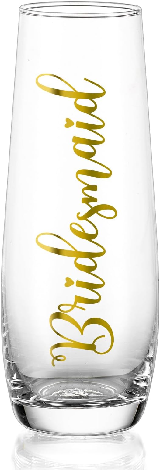 NUPTIO Stemless Champagne Glasses Bridesmaid: Bridal Shower Party Prosecco Flutes Tumbler Wedding Gift Clear Gold Embossed