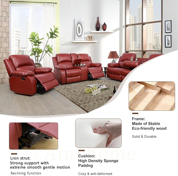 A Ainehome Living Room Furniture Set Leather Recliner Sofa Set Loveseat Chair Furniture Sofa Set for Living Room/Small Space/Rv/House/Office/Theater Seating (A-Red Leather, 3 Piece Set)