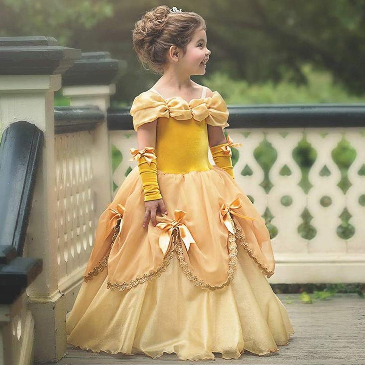 HOIZOSG Belle Princess Dress Up for Girls Beauty and The Beast Halloween Costume Christmas Birthday Party Gown w/Arm Sleeves 10-11T