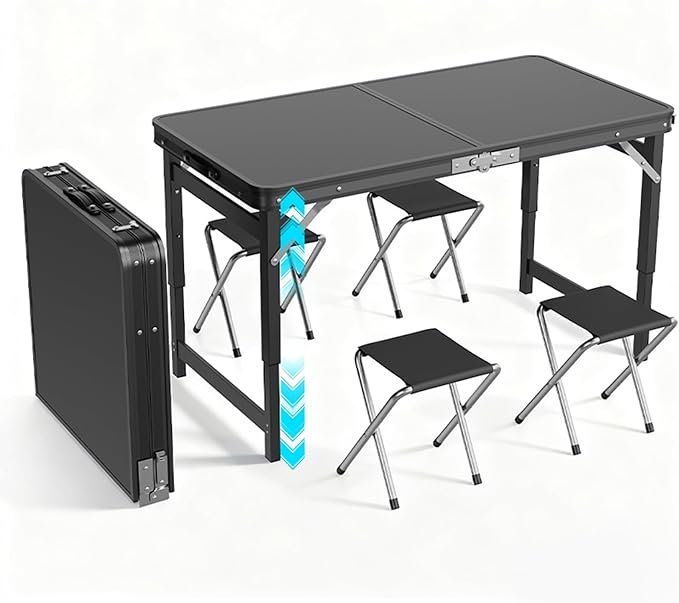MIKEE Portable Folding Card Table with Chairs,4ft Foldable Table Adjustable Height,Aluminum Alloy Frame Folding Dining Tab...