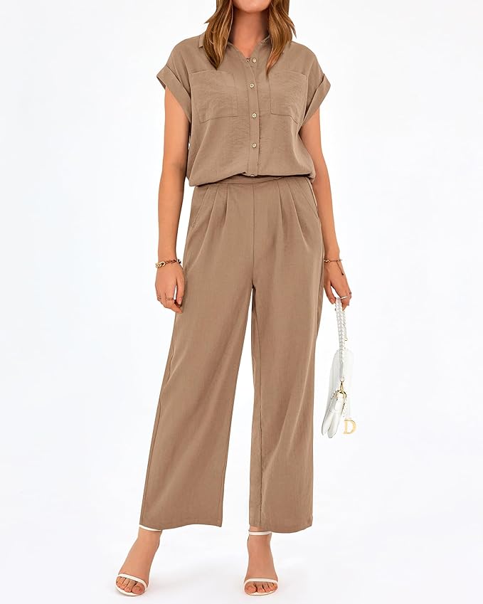 PRETTYGARDEN Womens 2 Piece sets Summer Cap Sleeve Tops Palazzo Pants Dressy Casual Vacation Travel Outfits Tracksuits