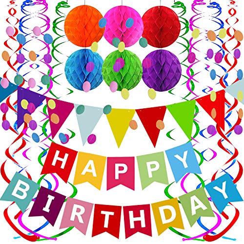 Fecedy Happy Birthday Banner With Colorful Paper Flag Bunting Paper Circle Confetti Garland Swirl Streamers Honeycomb ball...
