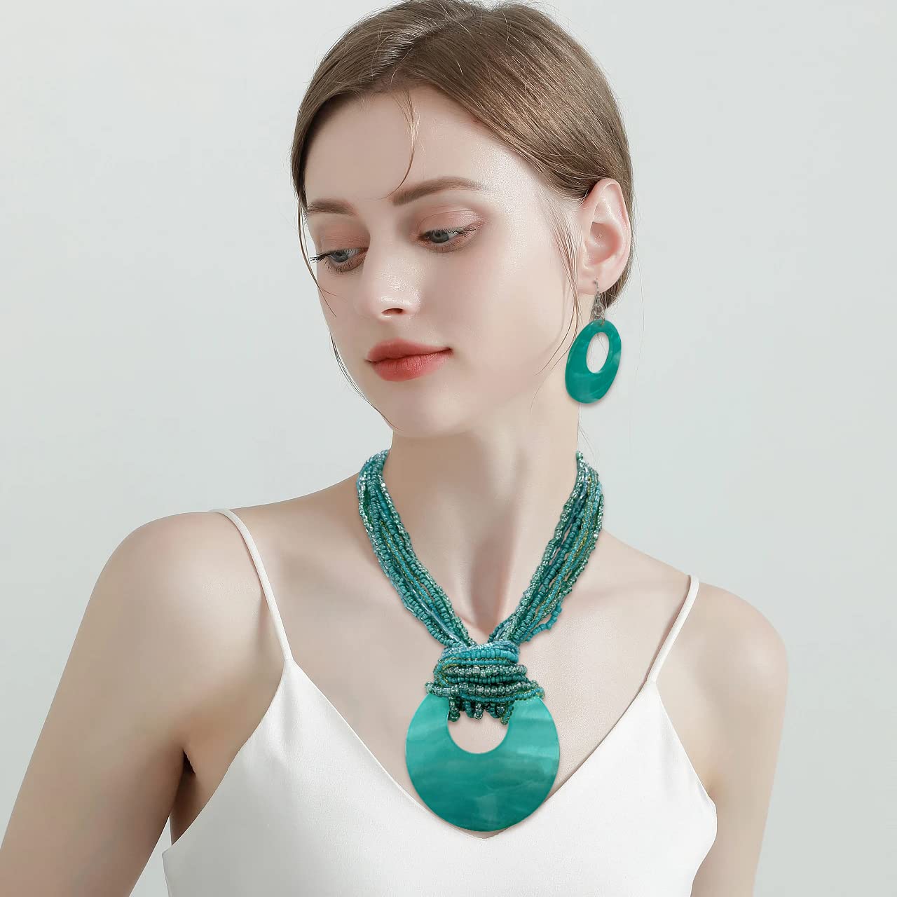Coiris Multi Strand Statement Colorful Beaded Necklace with Big Circle Shell Pendant for Women (N0055-Teal)