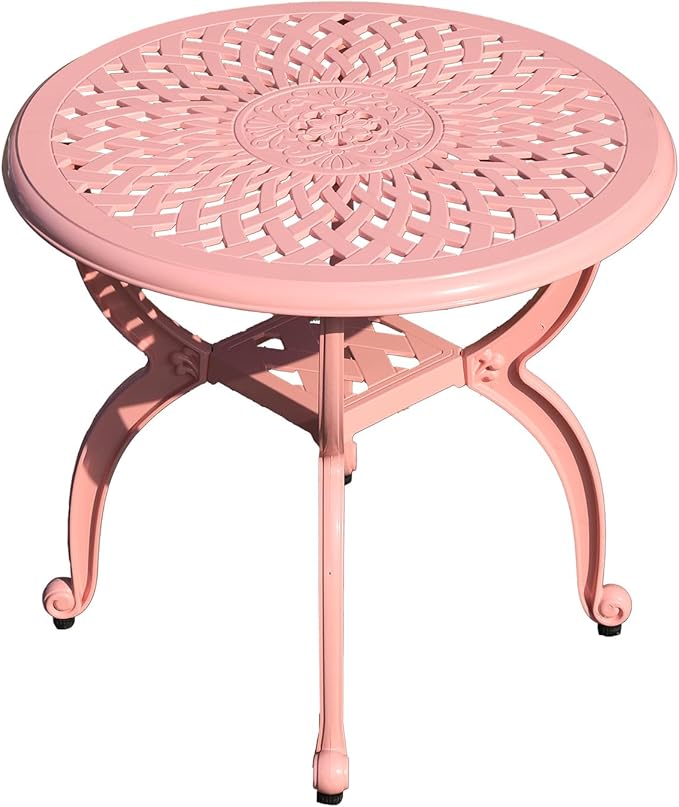 WILOUNGE Cast Aluminum Outdoor Side Table,Small Patio Table,Outdoor Coffee Tables for Patio,Garden,Balcony, for All Weather(Pink, Round)